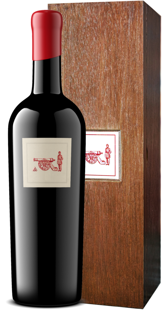 Bottle of The Character Bordeaux Red Blend in front of Wooden Gift Box