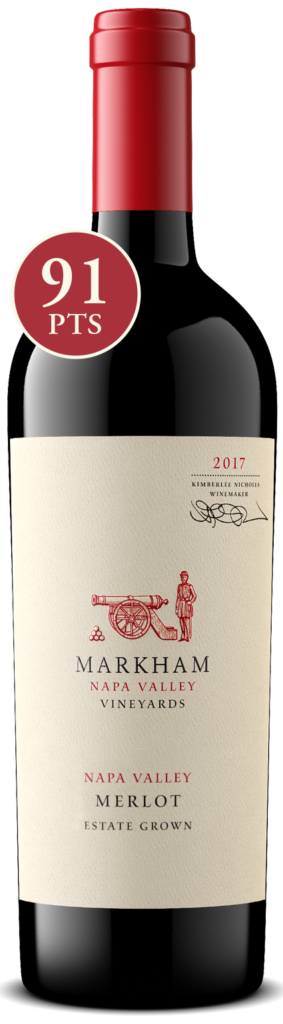 Bottle of 2017 Estate Grown Merlot with 91 pt score in red circle