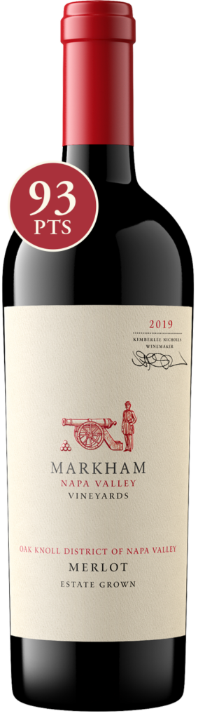 Bottle of 2019 Oak Knoll Merlot with 93 pt score in red circle