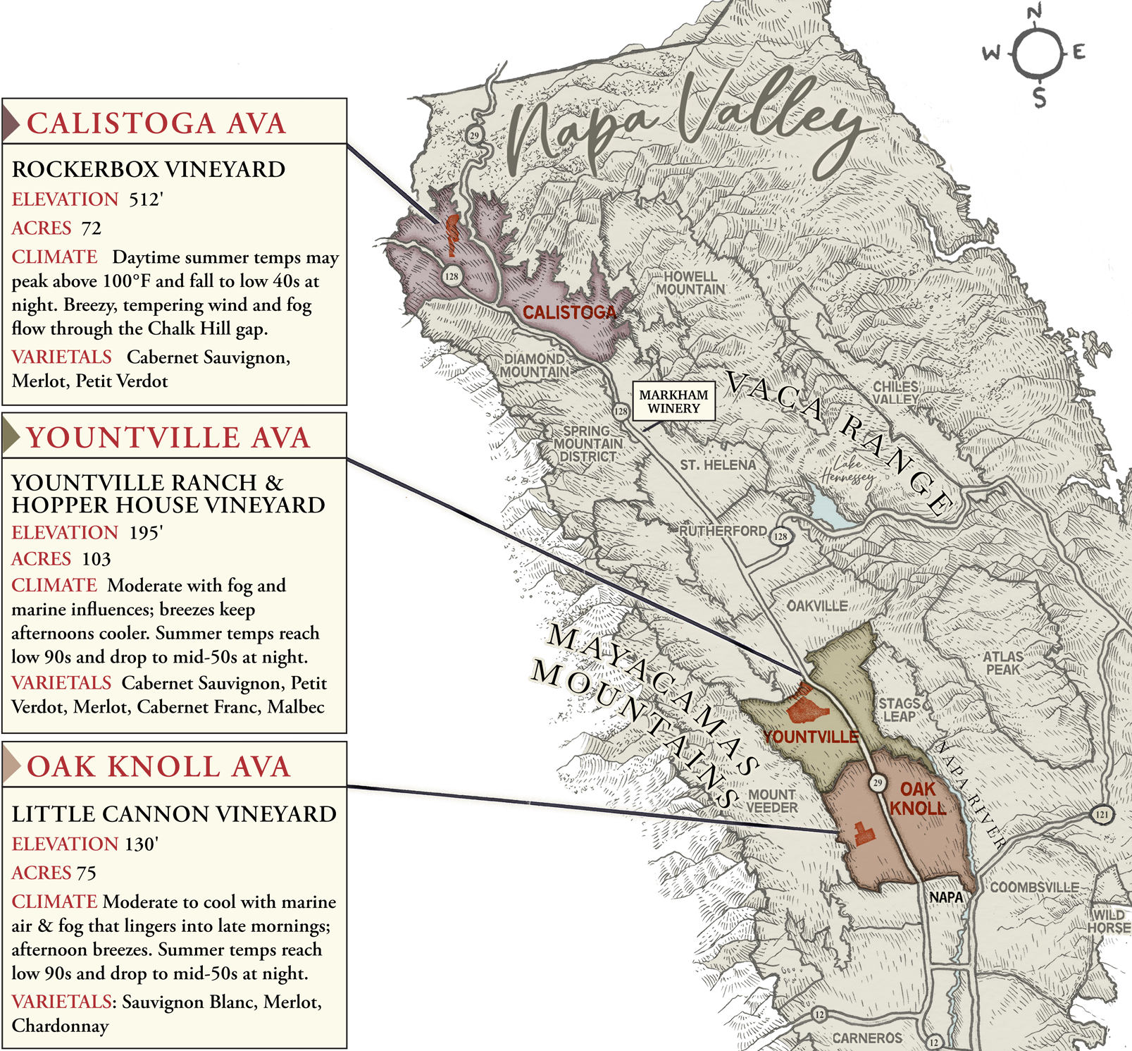 Map of Napa Valley showing Markham vineyard properties
