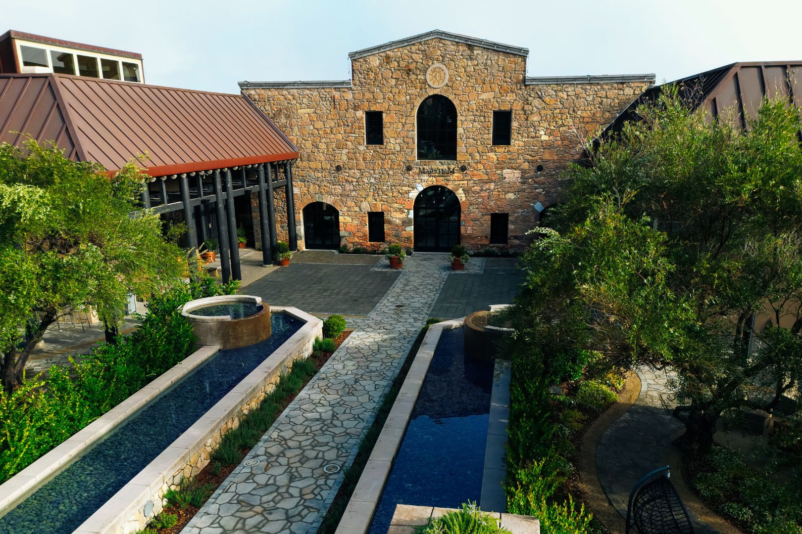 Aerial view of Historic Stone Cellar and Courtyard