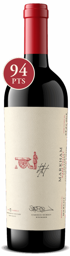 Bottle shot of Hopper House Merlot with 94 point score icon