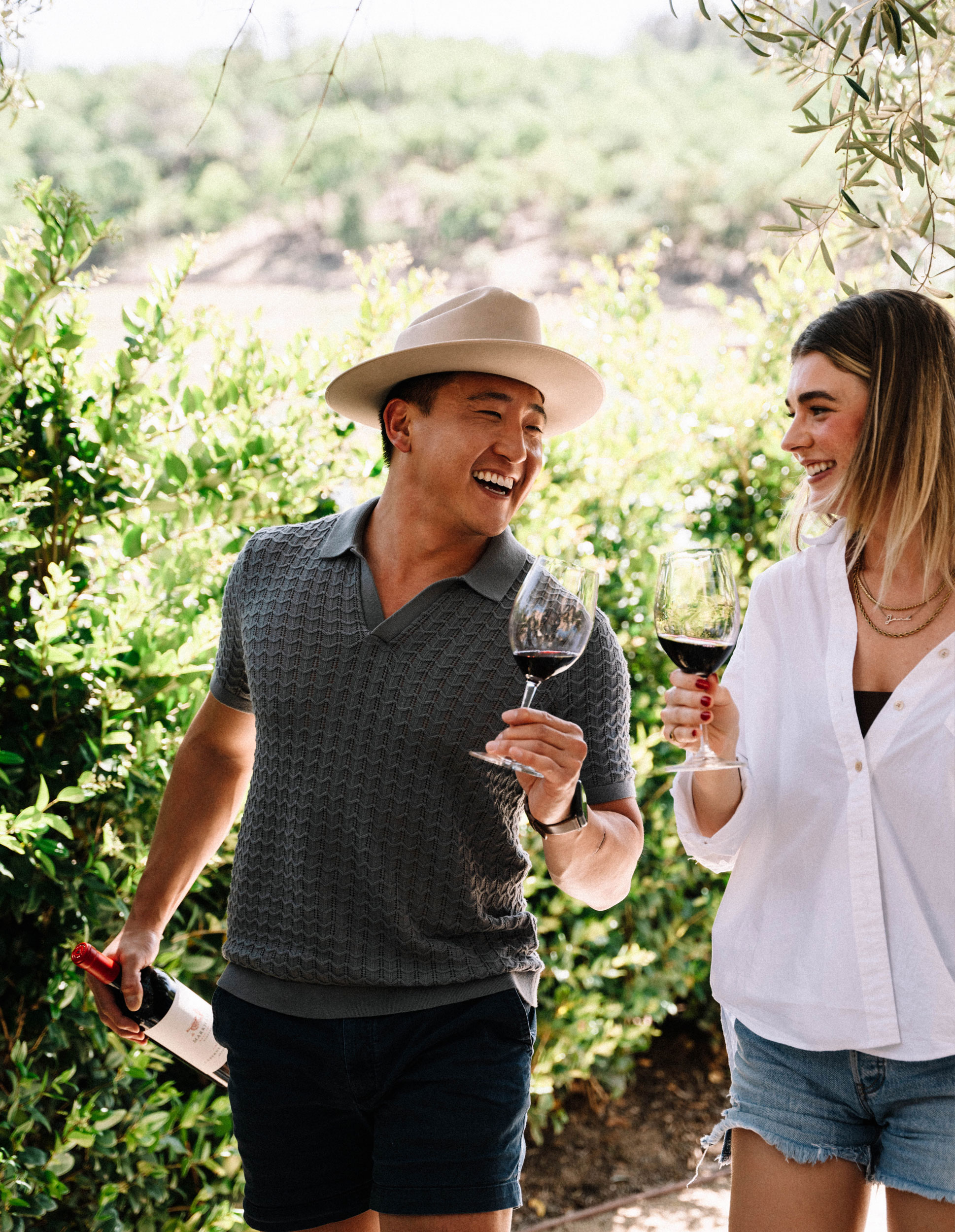 Two smiling people toasing glasses of red wine with vineyard in background