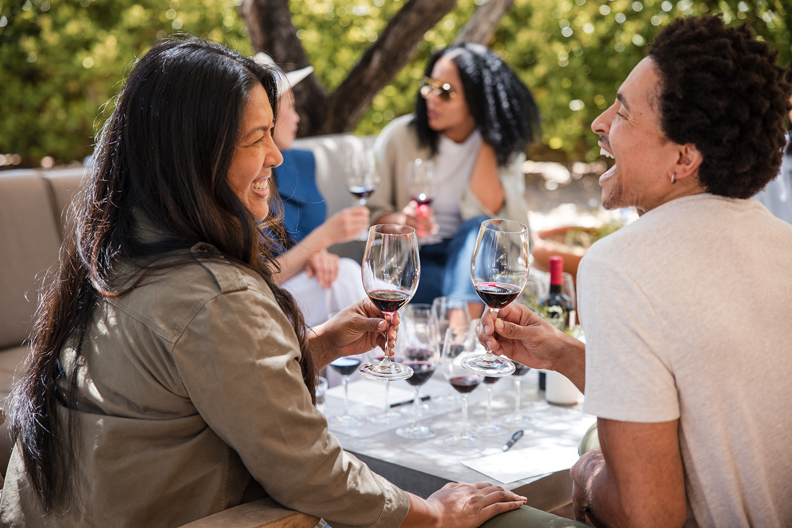 A laughing couple in the Garden Patios of Markham