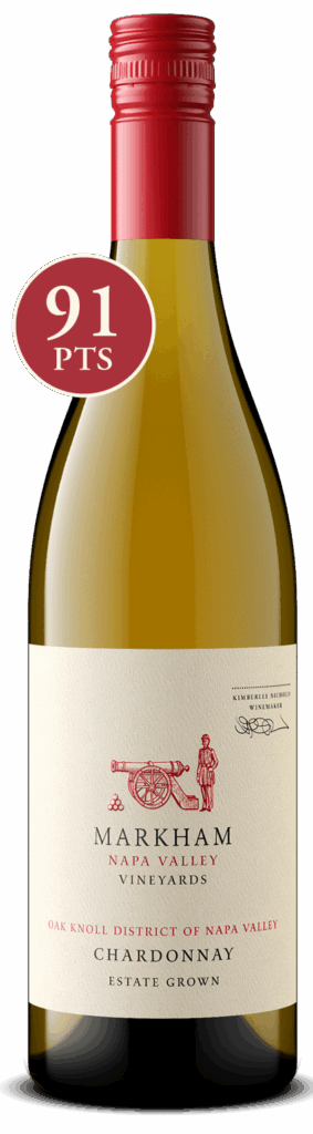 Bottle shot of Oak Knoll Chardonnay with 91 point score icon