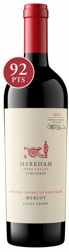 Bottle shot of District Series Oak Knoll Merlot with 92 point score icon