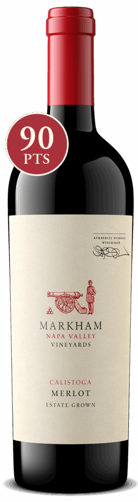 Bottle shot of Calistoga Merlot with 90 point score icon