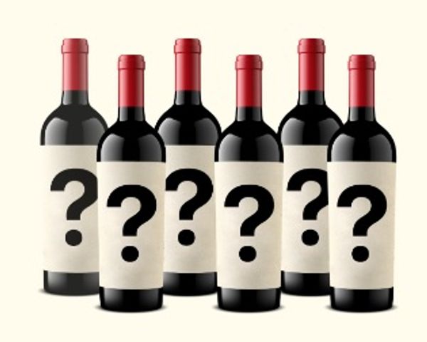 6 wine bottles with question marks on their labels
