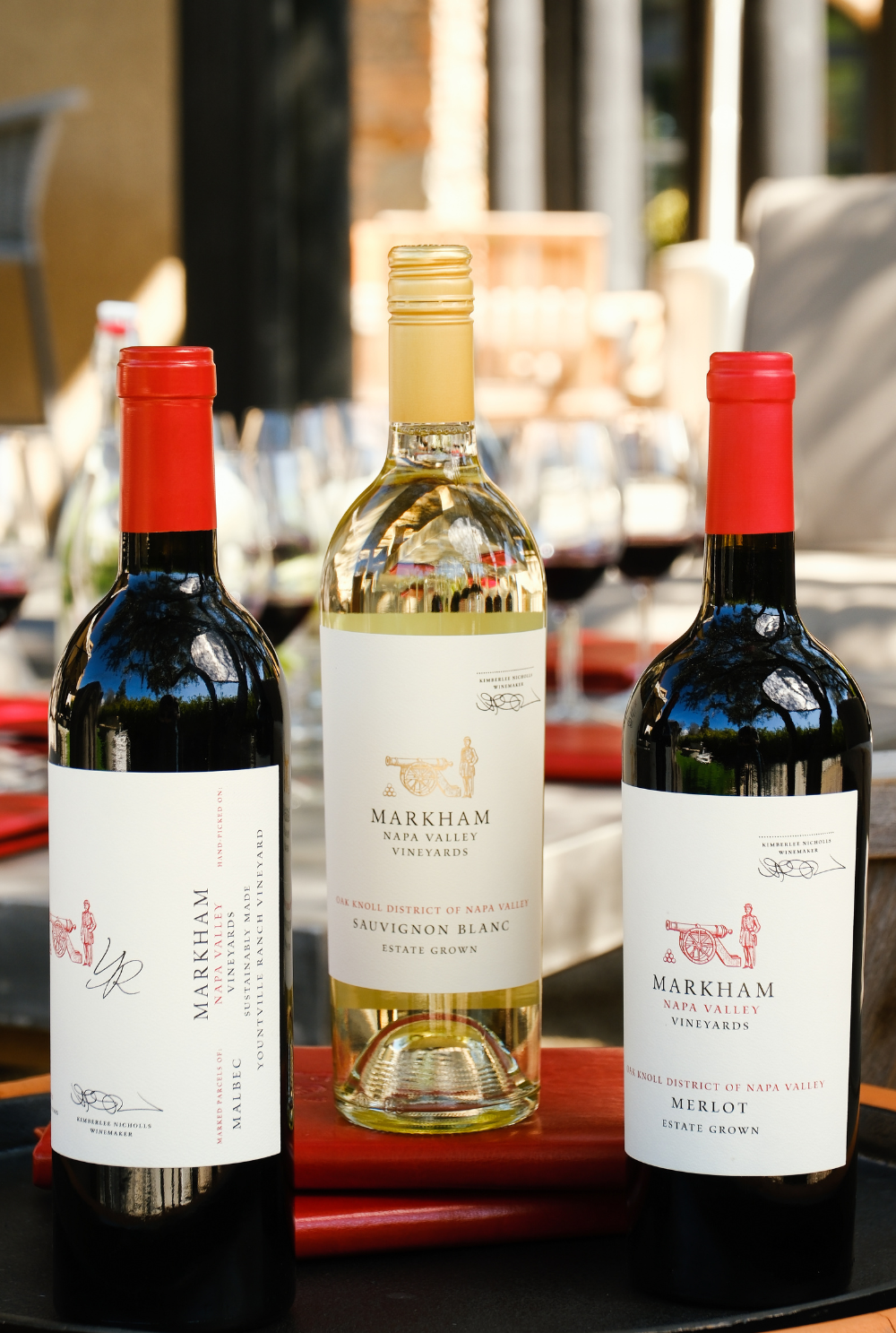 Markham wines on a table at the Markham tasting room